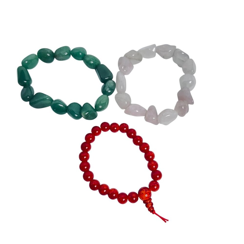 Lot Of 3 Stretch Bracelets - Pink, Green And Red (6112)